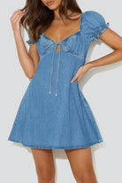 Women's Denim Dress - Sweetheart Neckline - Puff Short Sleeves - Flare Fit by Lumina Vancouver