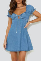 Women's Denim Dress - Sweetheart Neckline - Puff Short Sleeves - Flare Fit by Lumina Vancouver