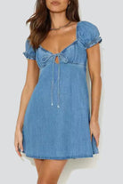 Women's Denim Dress - Sweetheart Neckline - Puff Short Sleeves - Flare Fit by Lumina Vancouver