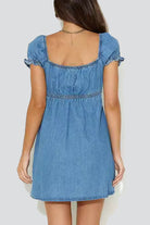 Women's Denim Dress - Sweetheart Neckline - Puff Short Sleeves - Flare Fit by Lumina Vancouver