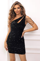 Women's One-Shoulder Mini Dress - Sequin Fitted - Cutout Design - Chain Detail by Lumina Vancouver