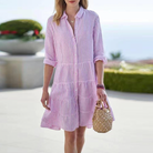 Women's Button-Up Dress - Striped - Tiered Skirt - Rolled 3/4 Sleeves - Classic Collar by Lumina Vancouver