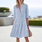 Women's Button-Up Dress - Striped - Tiered Skirt - Rolled 3/4 Sleeves - Classic Collar by Lumina Vancouver
