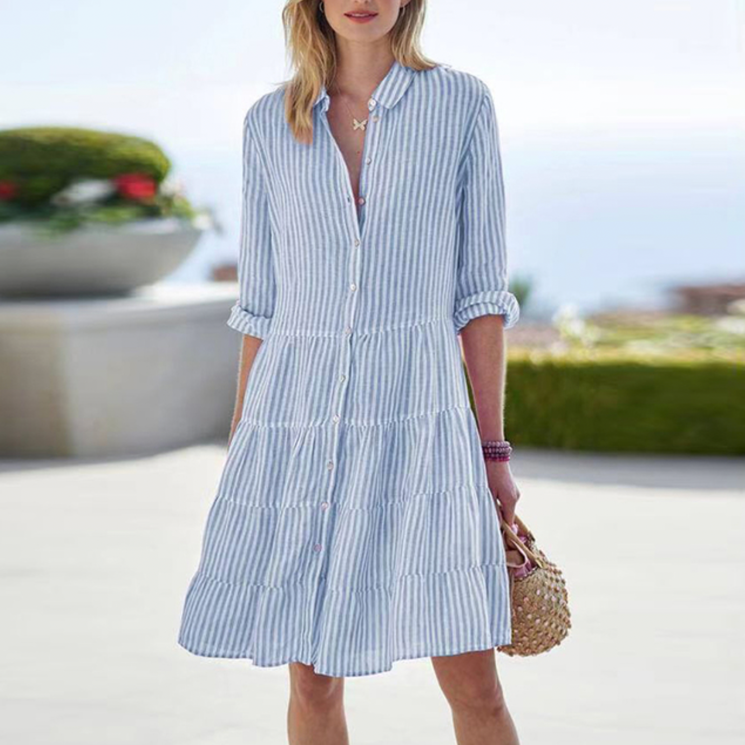 Women's Button-Up Dress - Striped - Tiered Skirt - Rolled 3/4 Sleeves - Classic Collar by Lumina Vancouver