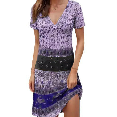Women’s Mini Dress – Relaxed Fit – Deep V-Neck – Short Sleeve Boho Patchwork Cotton by Lumina Vancouver