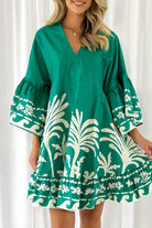 Women’s V-Neck A-Line Dress - Bohemian Print - Bell Sleeves - Tiered Hem by Lumina Vancouver
