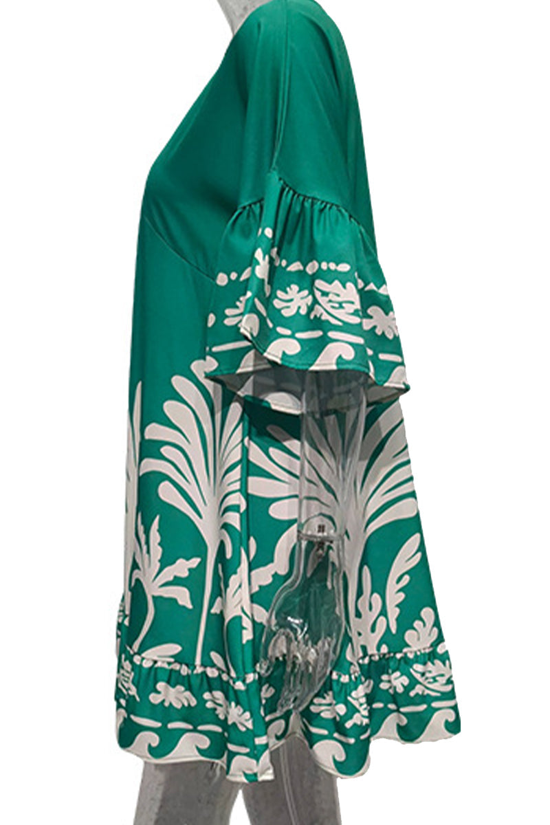 Women’s V-Neck A-Line Dress - Bohemian Print - Bell Sleeves - Tiered Hem by Lumina Vancouver