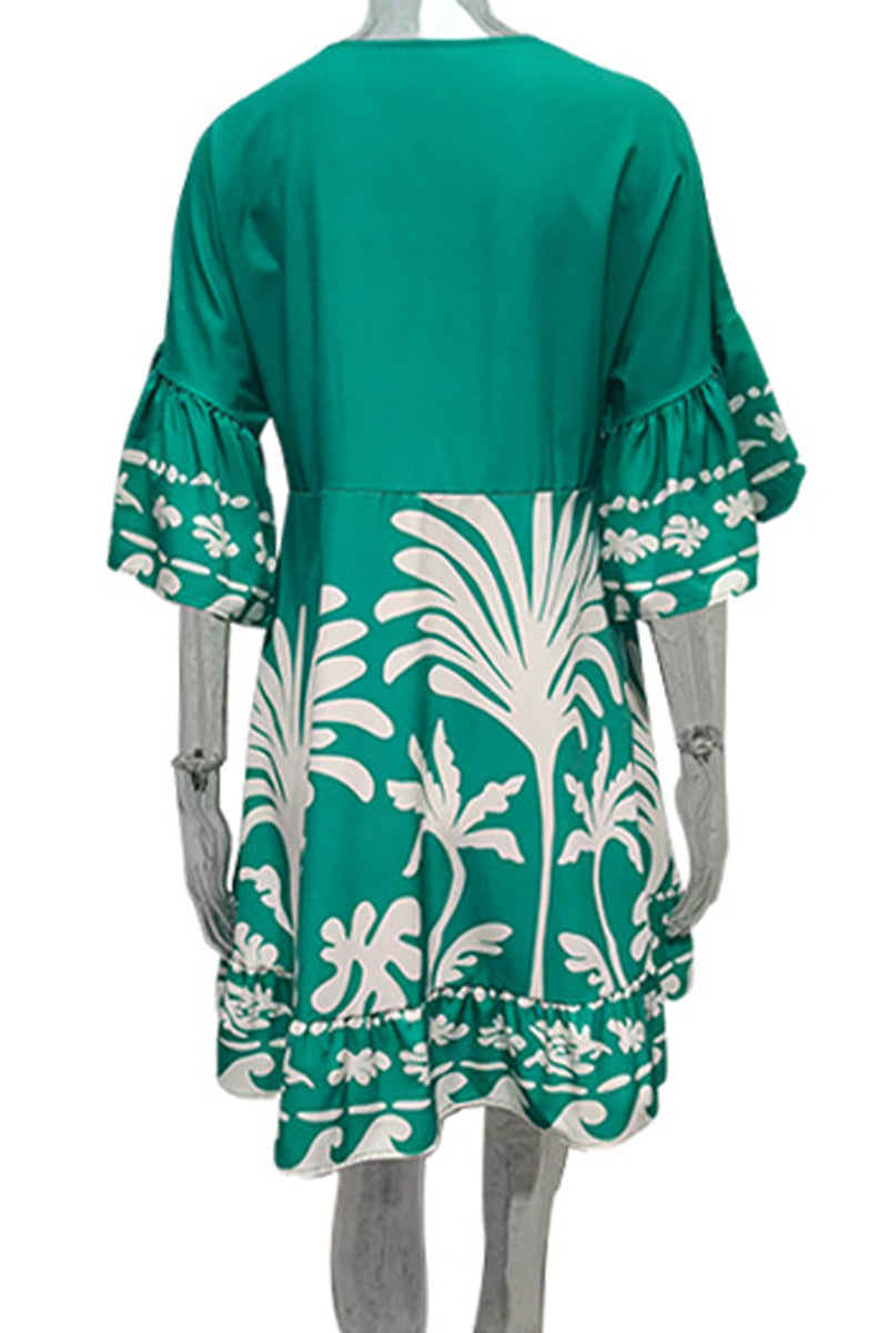 Women’s V-Neck A-Line Dress - Bohemian Print - Bell Sleeves - Tiered Hem by Lumina Vancouver
