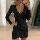 Women's Bodycon Mini Dress - Deep V-Neck - Long Sleeve - Sequin Textured Party Wear by Lumina Vancouver