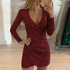 Women's Bodycon Mini Dress - Deep V-Neck - Long Sleeve - Sequin Textured Party Wear by Lumina Vancouver