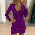 Women's Bodycon Mini Dress - Deep V-Neck - Long Sleeve - Sequin Textured Party Wear by Lumina Vancouver
