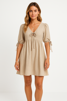 Women’s Mini Dress – A-Line Loose Fit – Deep V-Neck – Puff Sleeves – Tie Front by Lumina Vancouver
