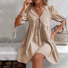 Women’s Mini Dress – A-Line Loose Fit – Deep V-Neck – Puff Sleeves – Tie Front by Lumina Vancouver