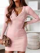 Women's Ribbed Knit Bodycon Dress - V-Neck - Button Detail - Long Sleeve Elegant Fit by Lumina Vancouver