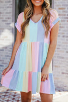 Women's Casual Dress - Tiered Knee-Length - Short Sleeve V-Neck - Relaxed Fit by Lumina Vancouver