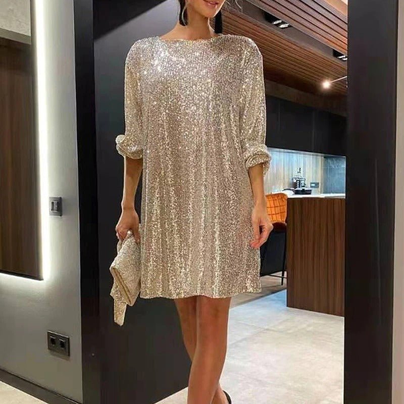 Women's Sequin Mini Dress - Long Sleeve - Relaxed Fit - Asymmetrical Party Wear by Lumina Vancouver