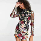 Women's Mini Dress - Floral Embroidery - Sheer Mesh - Long Sleeve Elegant Fit by Lumina Vancouver