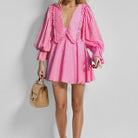 Women’s Mini Dress – Cotton – V-Neck – Gingham – Balloon Sleeves – Ruffle Trim by Lumina Vancouver