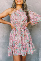 Women's One-Shoulder Mini Dress - Paisley Print - Belted Waist - Ruffled Hem by Lumina Vancouver