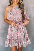 Women's One-Shoulder Mini Dress - Paisley Print - Belted Waist - Ruffled Hem by Lumina Vancouver