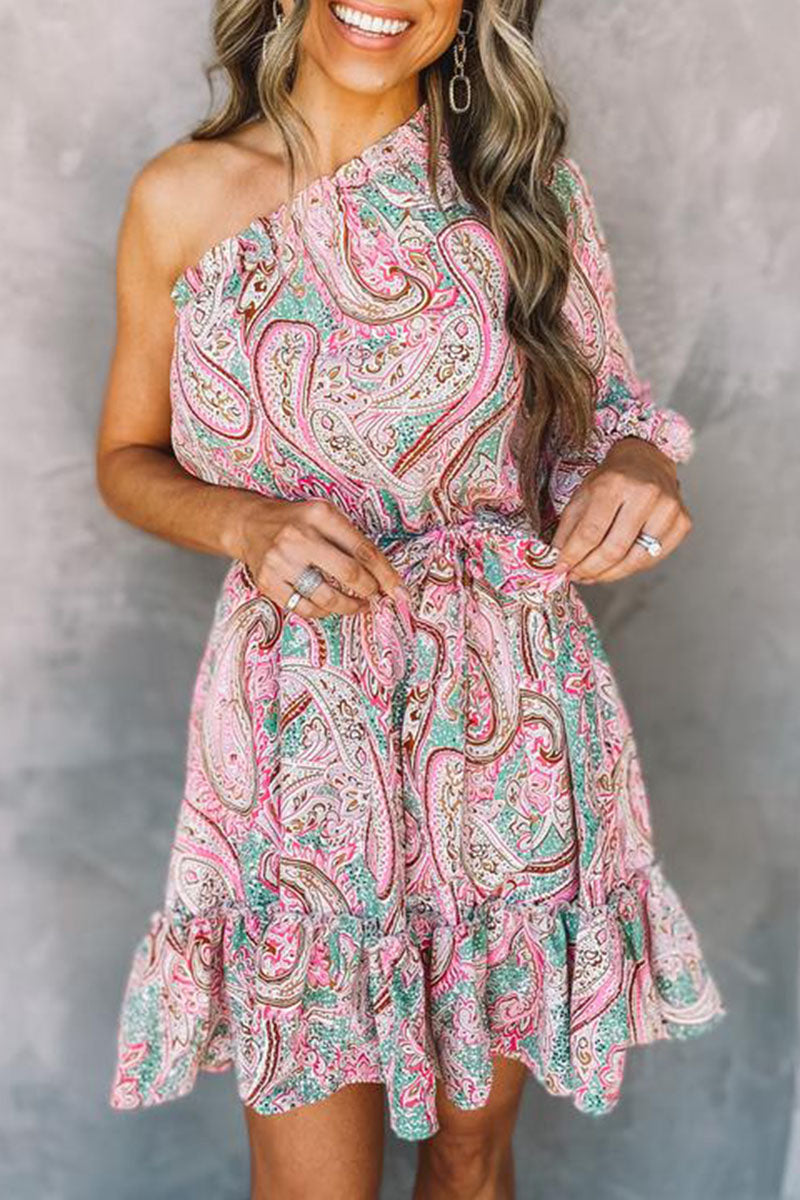 Women's One-Shoulder Mini Dress - Paisley Print - Belted Waist - Ruffled Hem by Lumina Vancouver