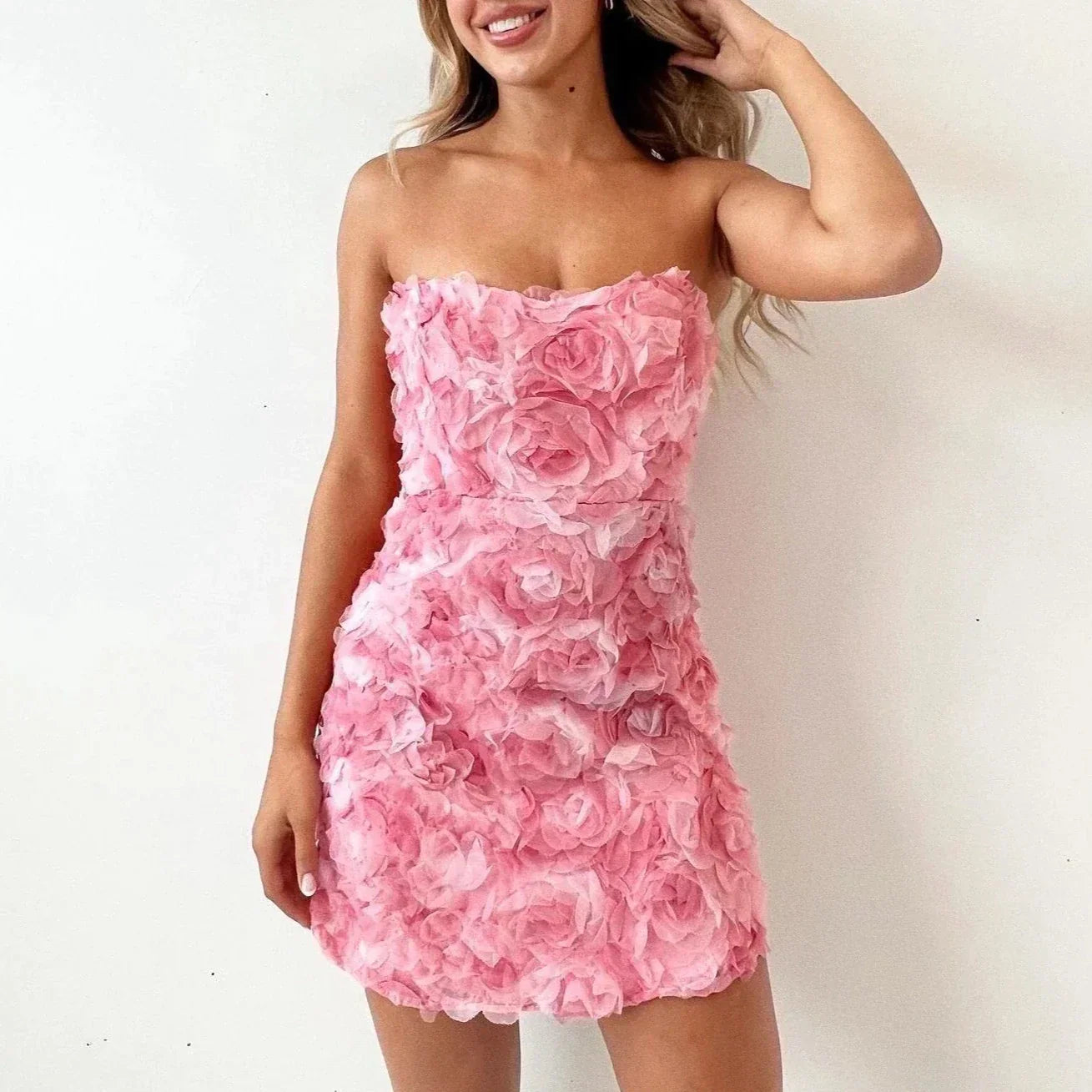 Women’s Strapless Mini Dress – Fitted Silhouette – 3D Floral Texture – Elegant Party Wear by Lumina Vancouver