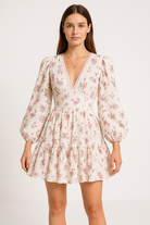 Women’s A-Line Dress – V-Neck Lace Trim – Puff Sleeve – Floral Print – Mini Length by Lumina Vancouver