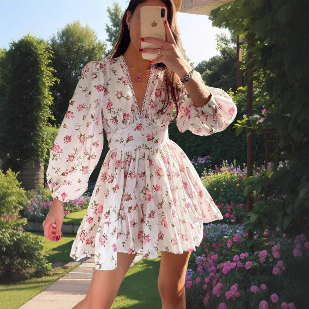 Women’s A-Line Dress – V-Neck Lace Trim – Puff Sleeve – Floral Print – Mini Length by Lumina Vancouver