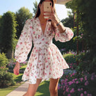 Women’s A-Line Dress – V-Neck Lace Trim – Puff Sleeve – Floral Print – Mini Length by Lumina Vancouver