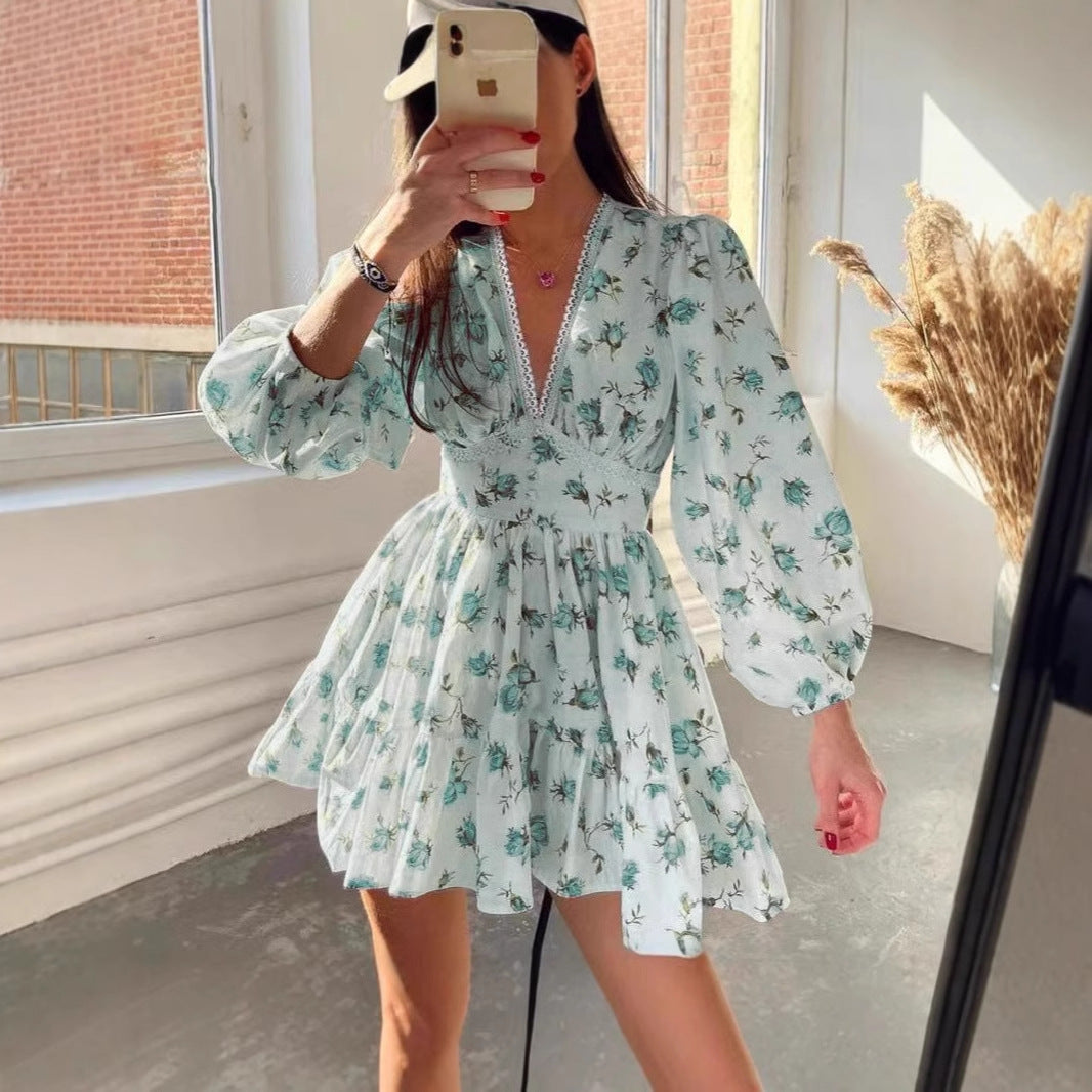 Women’s A-Line Dress – V-Neck Lace Trim – Puff Sleeve – Floral Print – Mini Length by Lumina Vancouver