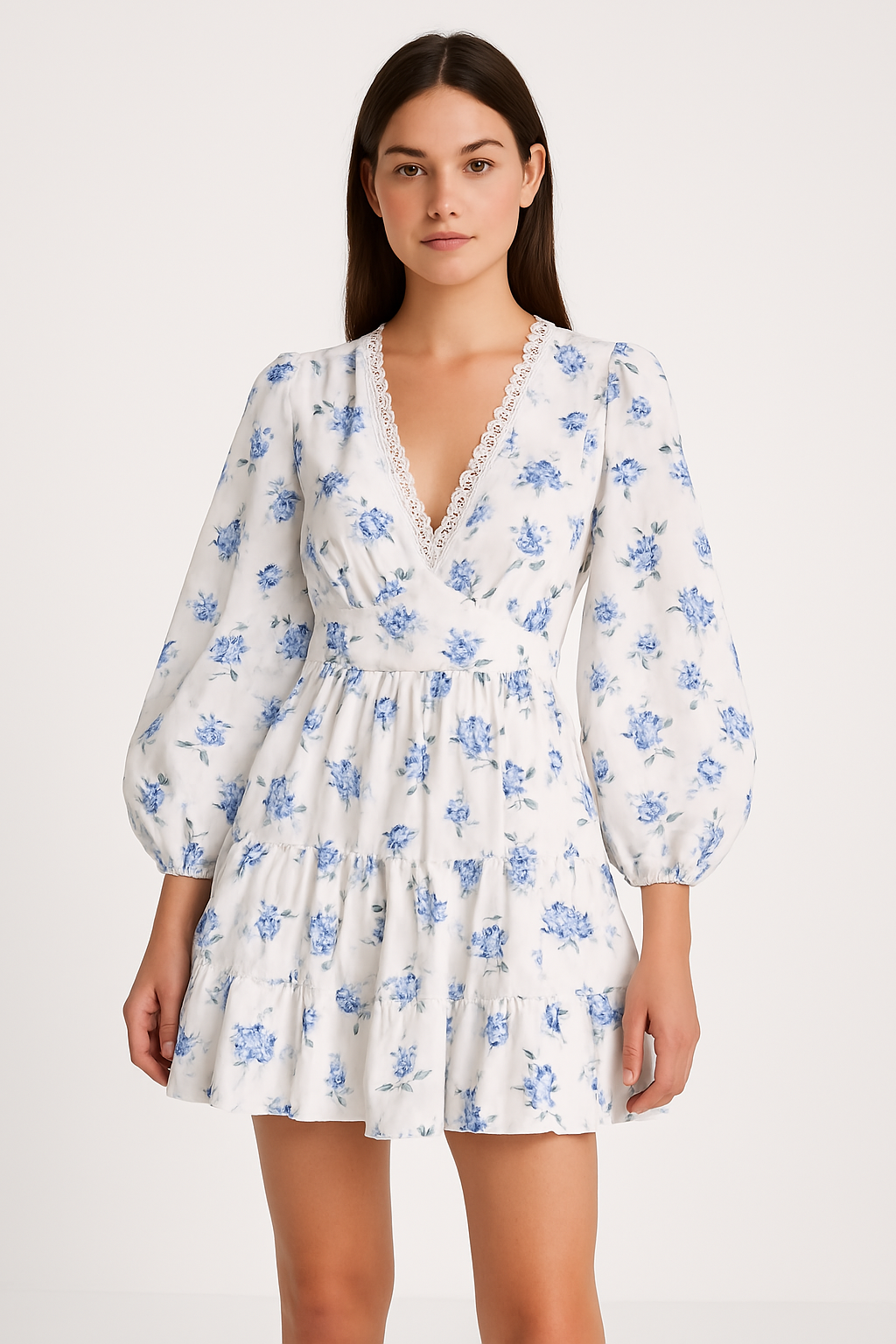 Women’s A-Line Dress – V-Neck Lace Trim – Puff Sleeve – Floral Print – Mini Length by Lumina Vancouver