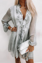 Women's Dress - Knee Length Flowy Fit - V-Neck Ruffle Lace Detail - Sheer Long Sleeve by Lumina Vancouver