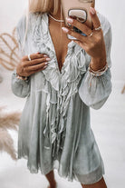 Women's Dress - Knee Length Flowy Fit - V-Neck Ruffle Lace Detail - Sheer Long Sleeve by Lumina Vancouver