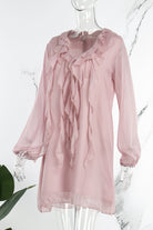 Women's Dress - Knee Length Flowy Fit - V-Neck Ruffle Lace Detail - Sheer Long Sleeve by Lumina Vancouver