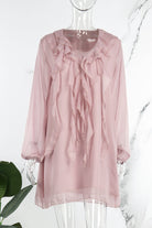 Women's Dress - Knee Length Flowy Fit - V-Neck Ruffle Lace Detail - Sheer Long Sleeve by Lumina Vancouver