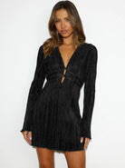 Women’s Bodycon Mini Dress – Deep V-Neck – Cut-Out Waist – Pleated Long Sleeve Fit by Lumina Vancouver