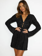 Women’s Bodycon Mini Dress – Deep V-Neck – Cut-Out Waist – Pleated Long Sleeve Fit by Lumina Vancouver