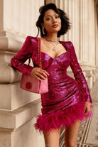Women's Mini Dress - Sequin Embellished - Sweetheart Neckline - Feather Trim - Long Sleeve by Lumina Vancouver