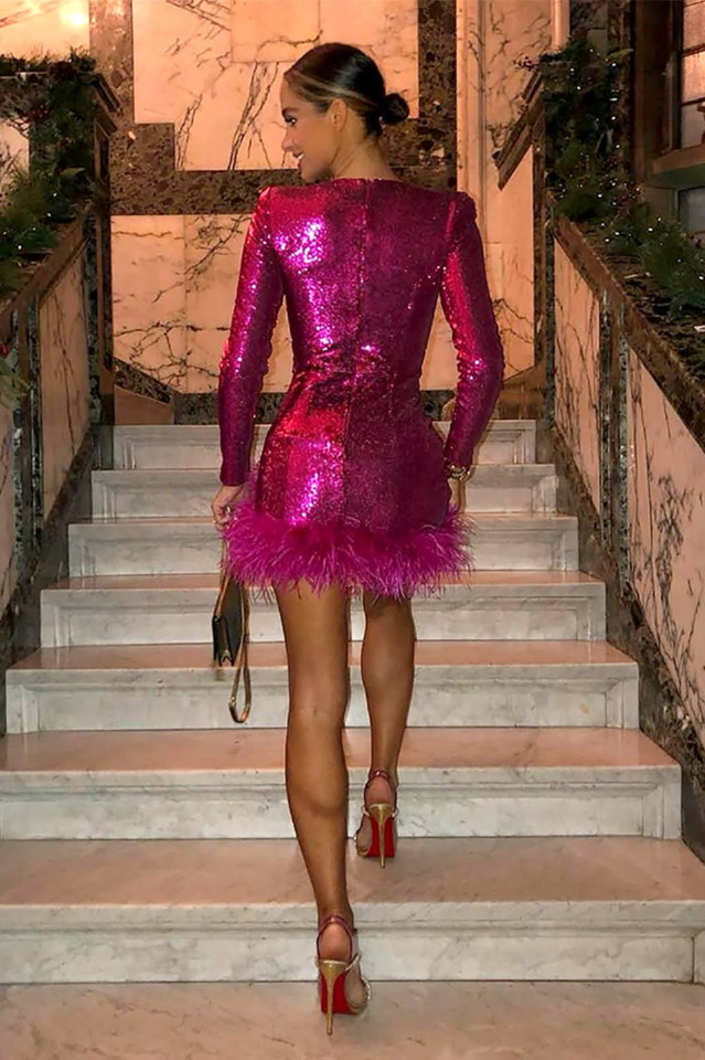 Women's Mini Dress - Sequin Embellished - Sweetheart Neckline - Feather Trim - Long Sleeve by Lumina Vancouver