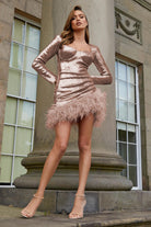 Women's Mini Dress - Sequin Embellished - Sweetheart Neckline - Feather Trim - Long Sleeve by Lumina Vancouver
