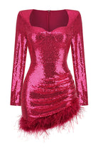 Women's Mini Dress - Sequin Embellished - Sweetheart Neckline - Feather Trim - Long Sleeve by Lumina Vancouver