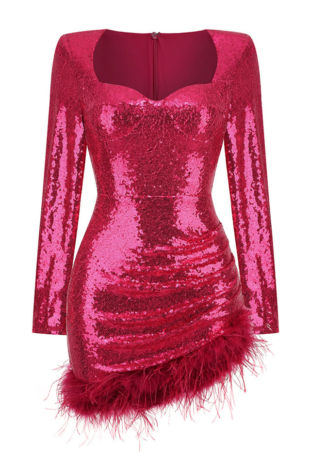 Women's Mini Dress - Sequin Embellished - Sweetheart Neckline - Feather Trim - Long Sleeve by Lumina Vancouver