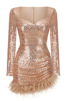 Women's Mini Dress - Sequin Embellished - Sweetheart Neckline - Feather Trim - Long Sleeve by Lumina Vancouver