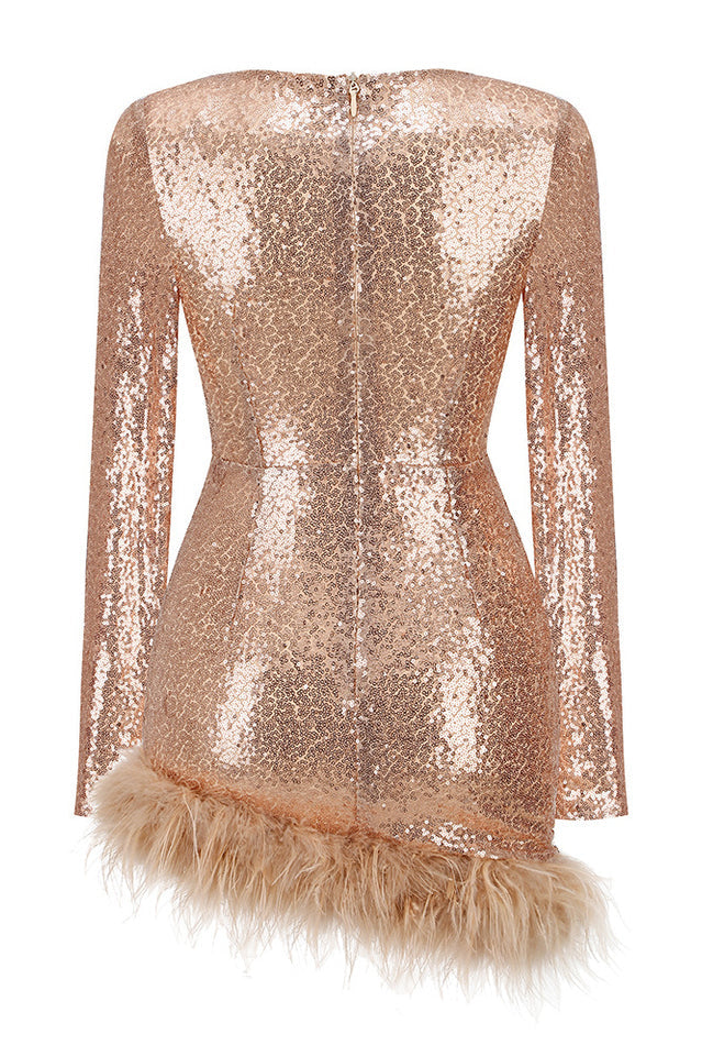 Women's Mini Dress - Sequin Embellished - Sweetheart Neckline - Feather Trim - Long Sleeve by Lumina Vancouver