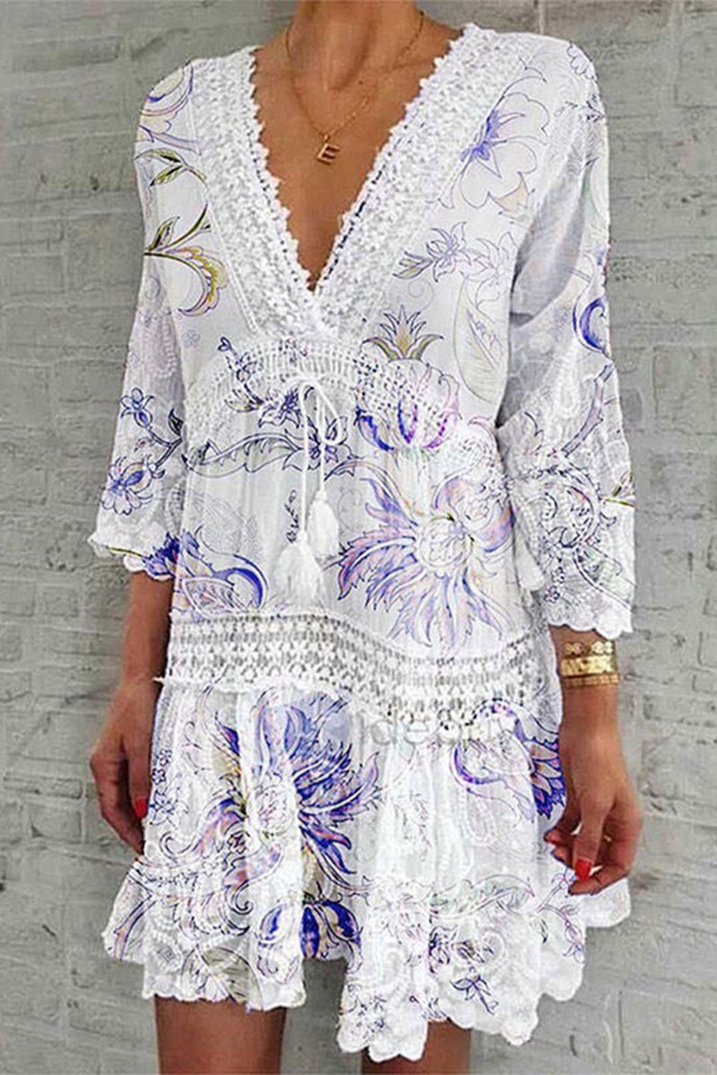 Women's Boho Dress - Deep V-Neck Crochet Lace - Bell Sleeve Flowy Tiered Hem by Lumina Vancouver