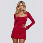 Women's Bodycon Mini Dress - Square Neck - Long Sleeve - Ruched Side - Tie Cuffs by Lumina Vancouver