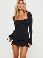 Women's Bodycon Mini Dress - Square Neck - Long Sleeve - Ruched Side - Tie Cuffs by Lumina Vancouver