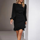Women's Mini Dress - Fitted Wrap Style - Long Gathered Sleeves - Elegant Ruffle Hem by Lumina Vancouver