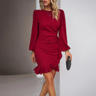 Women's Mini Dress - Fitted Wrap Style - Long Gathered Sleeves - Elegant Ruffle Hem by Lumina Vancouver