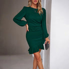 Women's Mini Dress - Fitted Wrap Style - Long Gathered Sleeves - Elegant Ruffle Hem by Lumina Vancouver